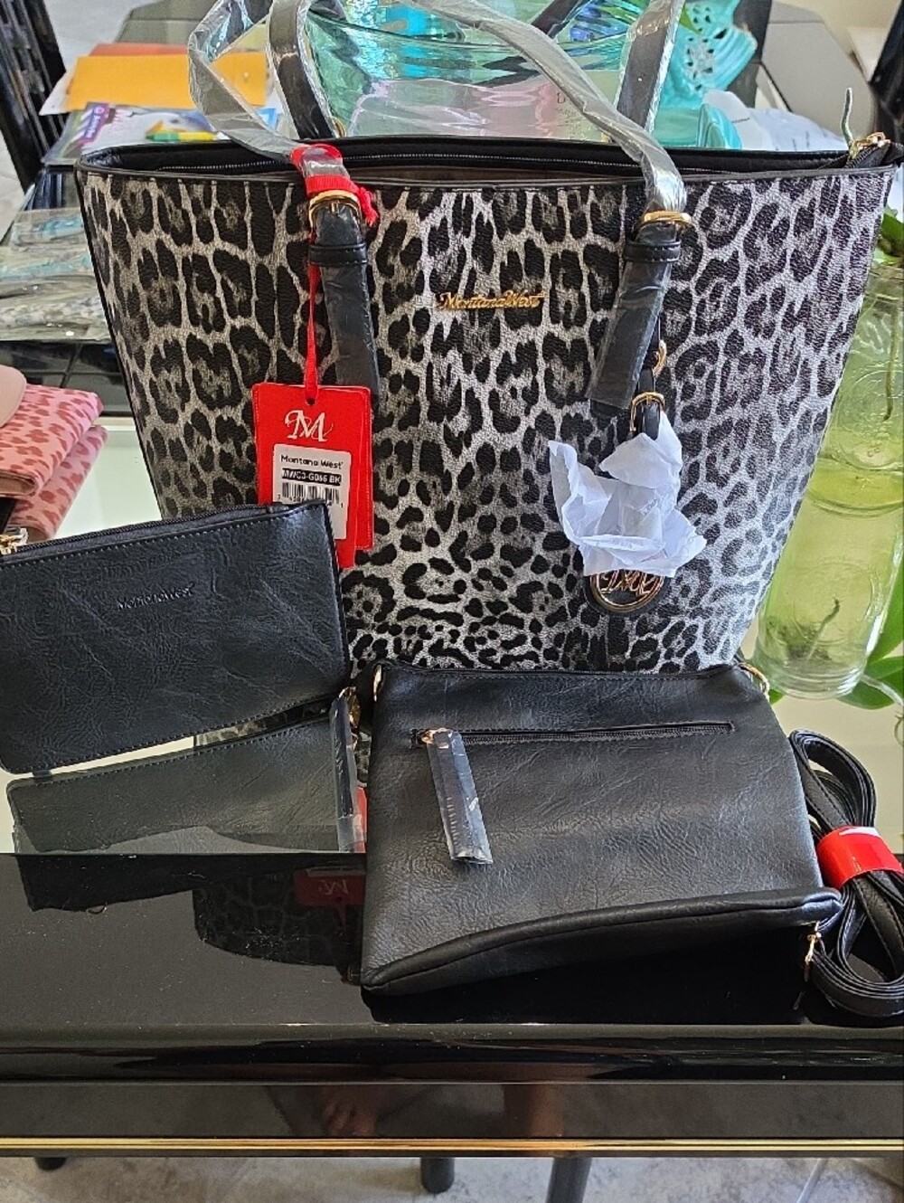 3 Pcs Set, Montana West Leopard Print Shoulder Tote, Black Crossbody & Wristlet - Picture 3 of 10